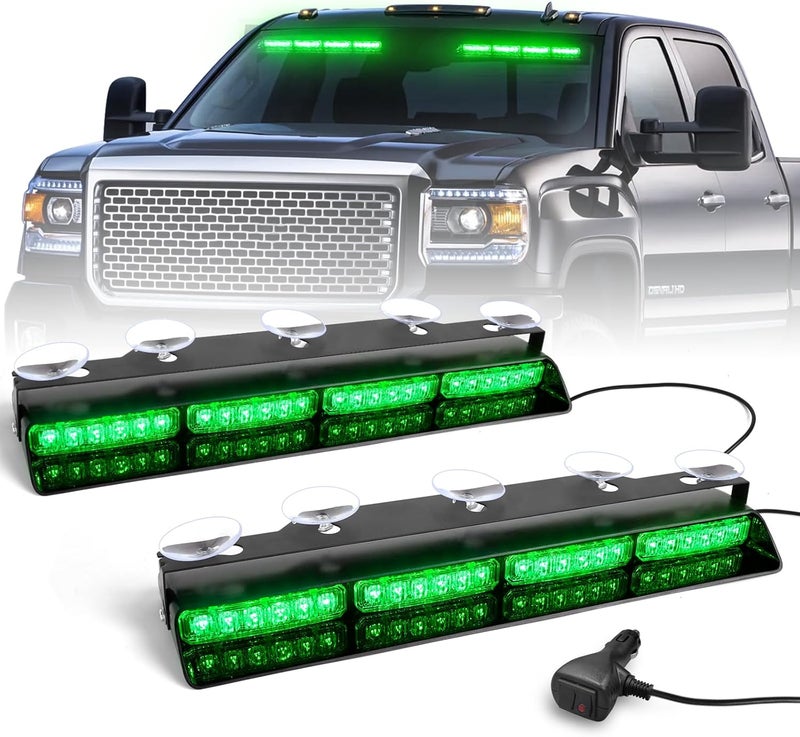 HLauto 6Z4J Emergency Dash Strobe Lights: 2x16.8 inch Green Safety Lights, 48 LED Flashing Warning Hazard Interior Windshield Visor Traffic Light Bar for Trucks, Construction Vehicles - Image 1